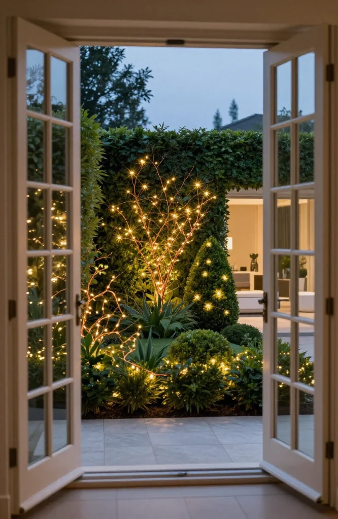 String of delicate fairy lights woven through green hedge and topiary creating warm glowing outdoor ambiance