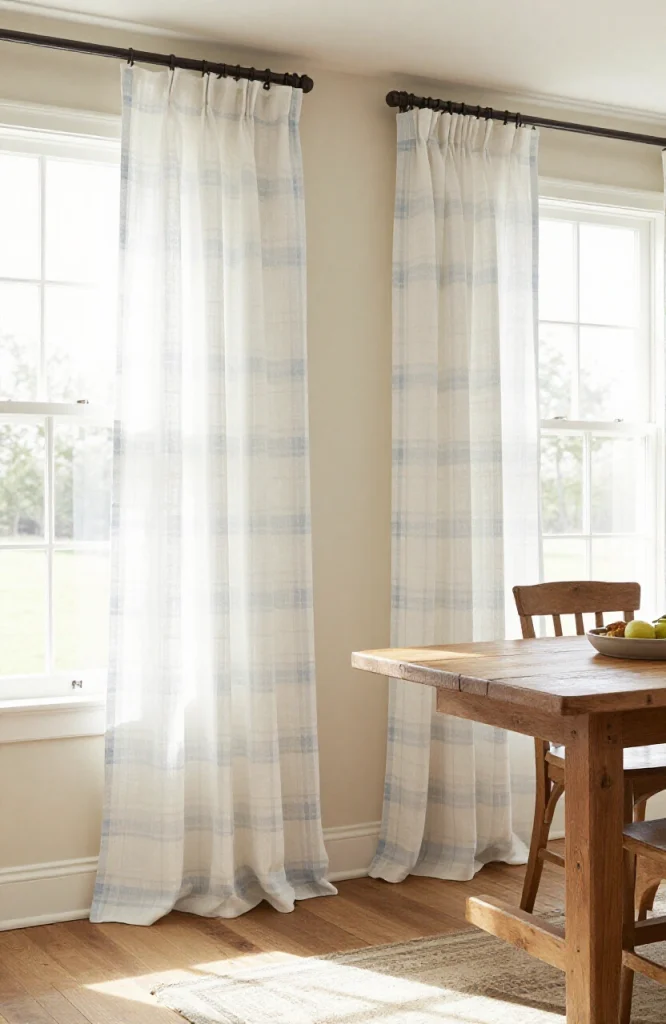 Farmhouse style curtains in neutral tones hanging on living room windows with wooden frame