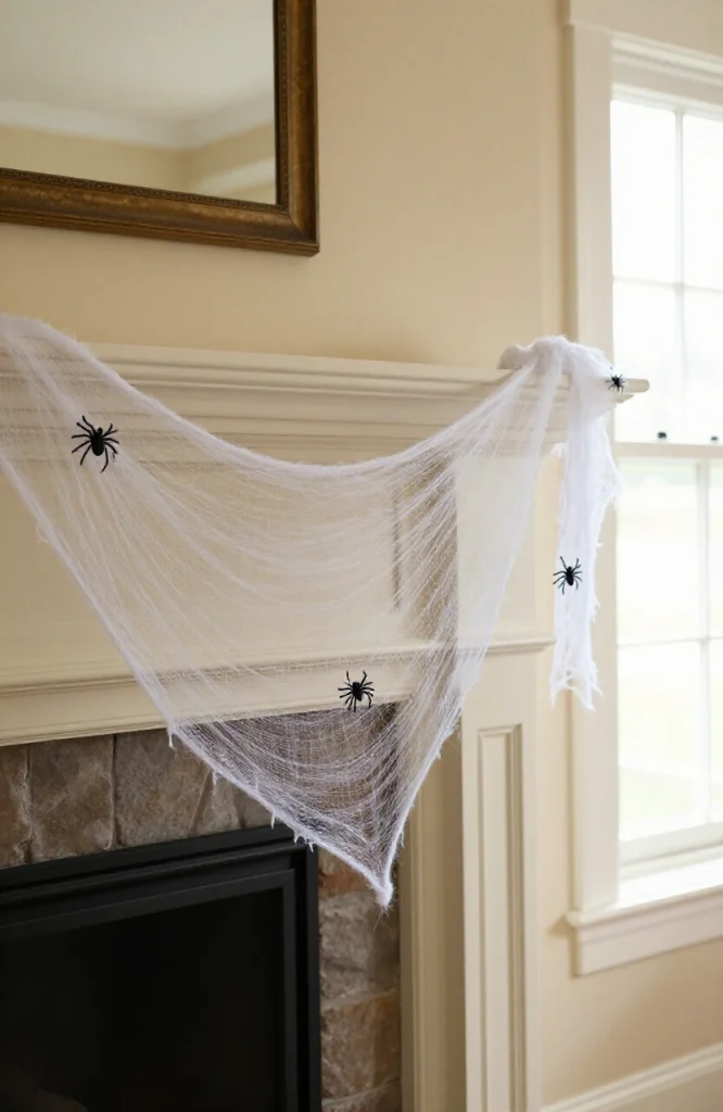 DIY faux cobweb garland draped on fireplace mantel with black spider accents and white webbing