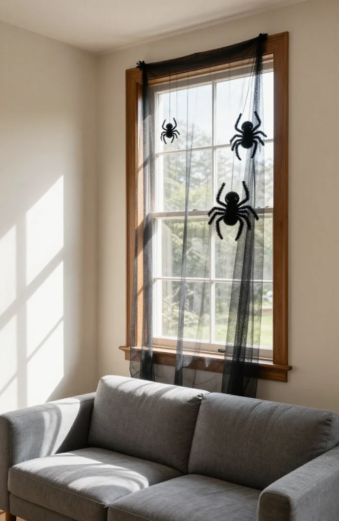 White faux spiderweb stretched across a window screen with black plastic spiders attached to the strands