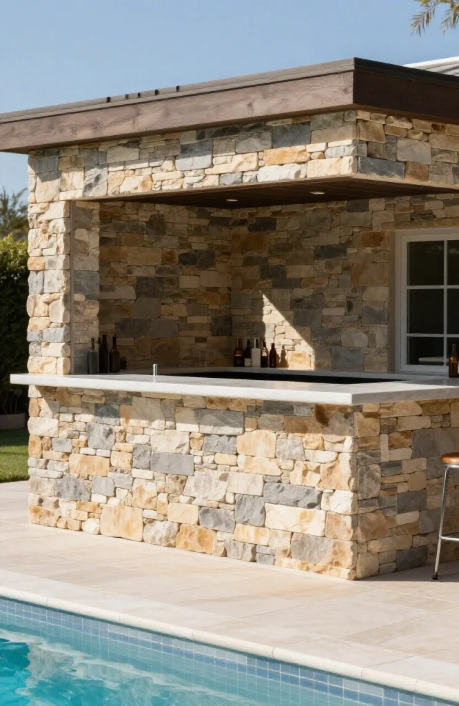 DIY poolside bar with faux stone veneer exterior and weathered finish near swimming pool