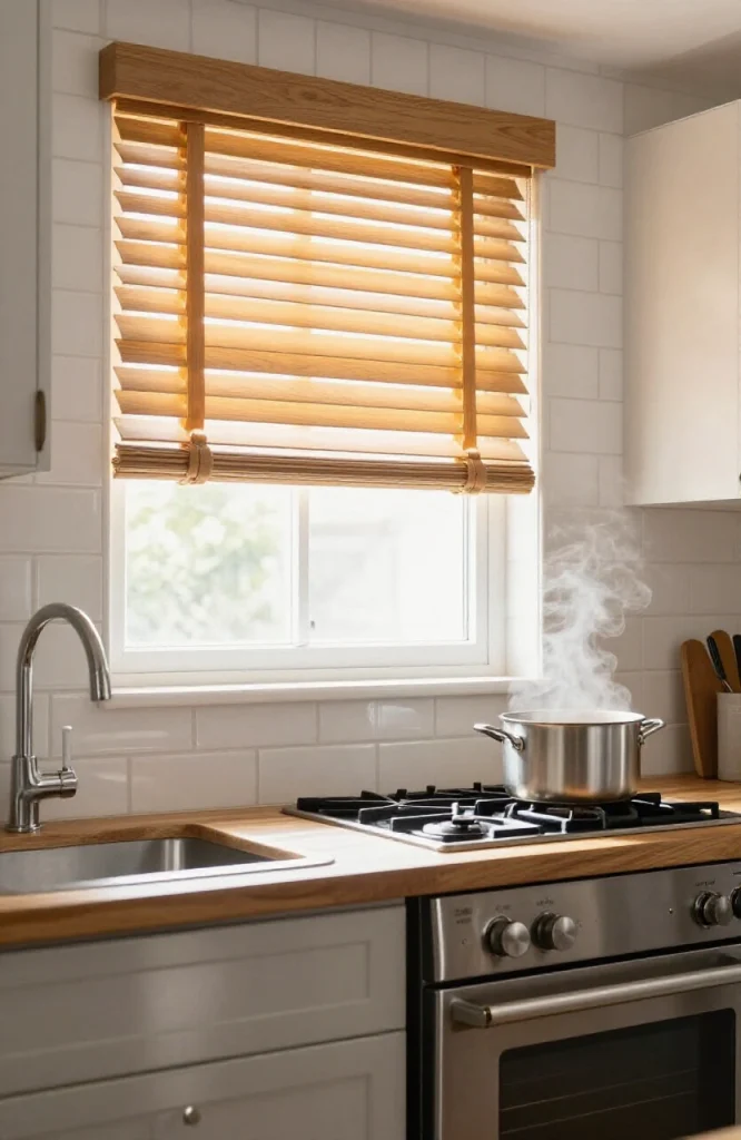 Faux wood blinds installed on a kitchen window with natural light filtering through horizontal slats