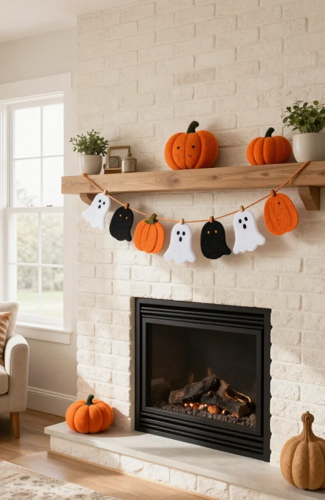 DIY felt pumpkin and ghost bunting garland with orange pumpkins and white ghosts hanging on fireplace mantel