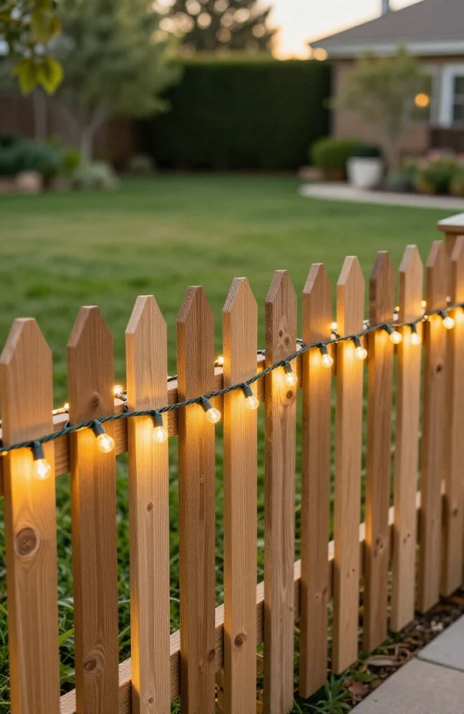 Outdoor fence line wrapped with warm white rope lights and fairy lights creating a festive holiday display