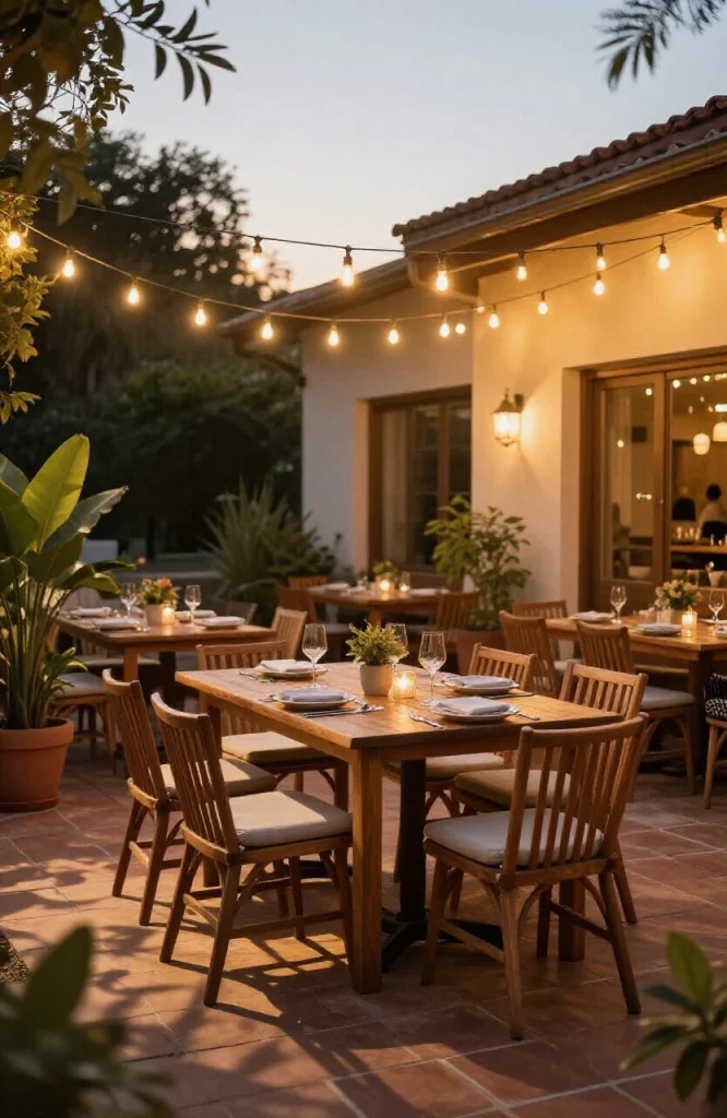 Warm festoon lights suspended overhead creating ambient lighting for outdoor dining space with tables and chairs below