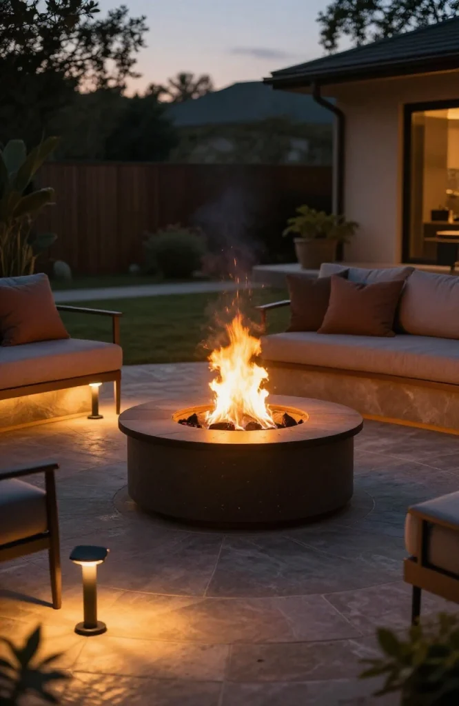 Fire pit surrounded by low-level landscape lights creating ambient glow around seating area