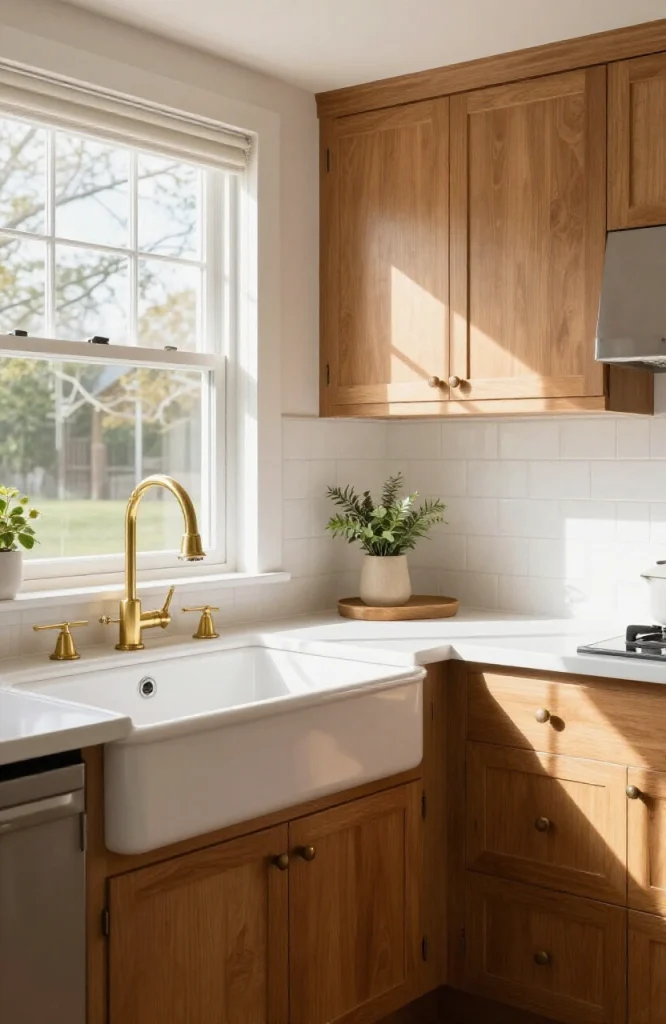 White fireclay corner sink installed in kitchen cabinet with modern faucet and stainless steel fixtures