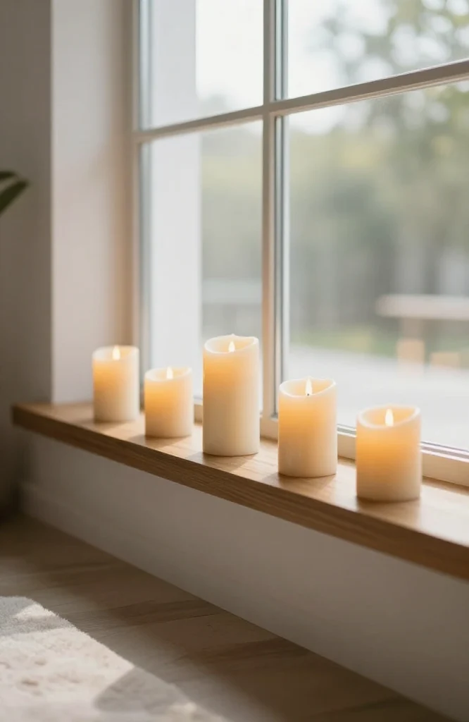 Row of flickering LED candles arranged on a windowsill creating warm orange glow for Halloween decoration