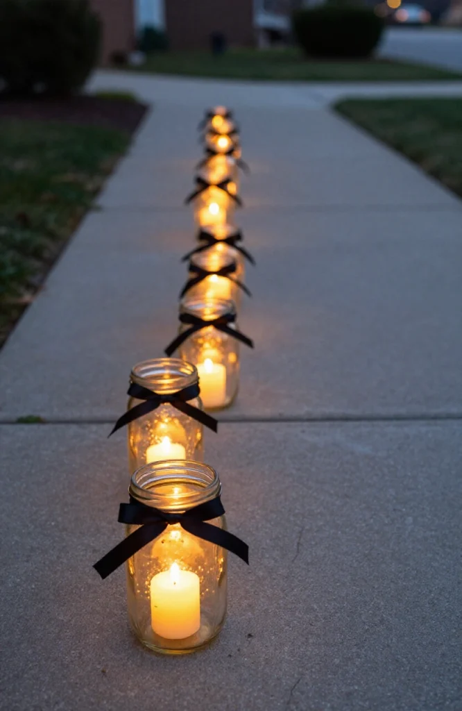 Mason jars with flickering LED candles lining a Halloween walkway at night