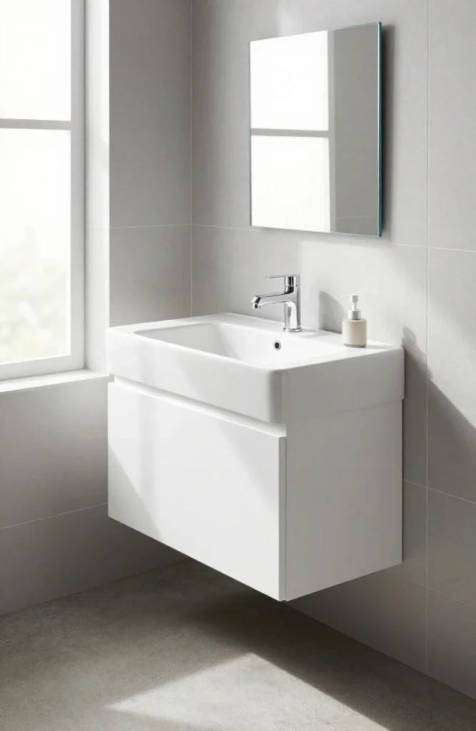 Modern floating corner vanity with integrated sink and wall-mounted storage in bathroom