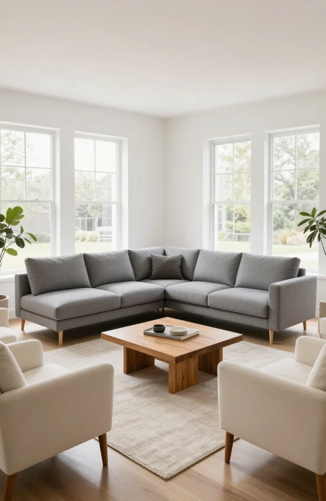 Modern living room with sofa and chairs positioned away from walls, creating defined zones in an open floor plan space
