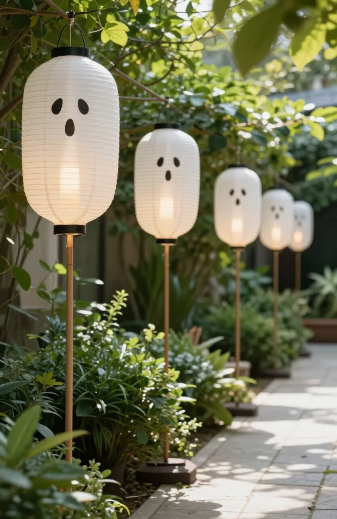 Glowing white ghost-shaped lanterns mounted on garden stakes lining a dark Halloween walkway