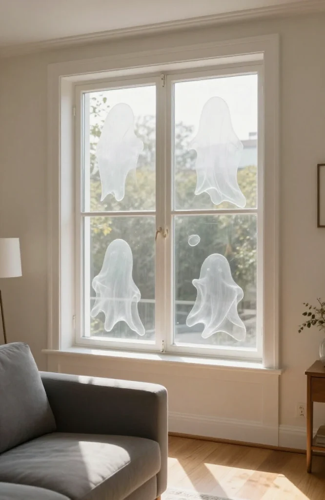 White translucent ghost window clings floating against glass pane with gray background