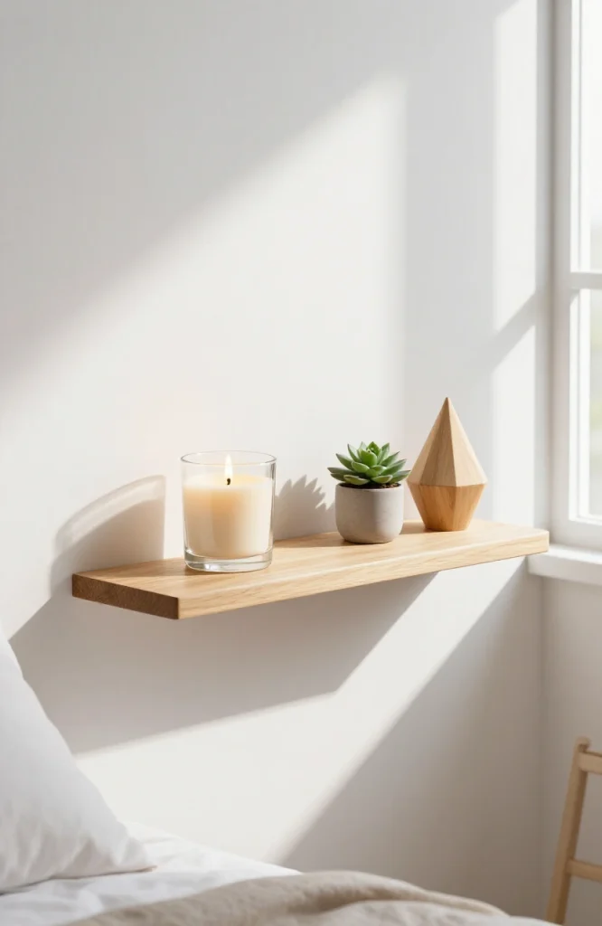 Minimalist Christmas vignette on floating shelf with candles, greenery, and simple white ornaments