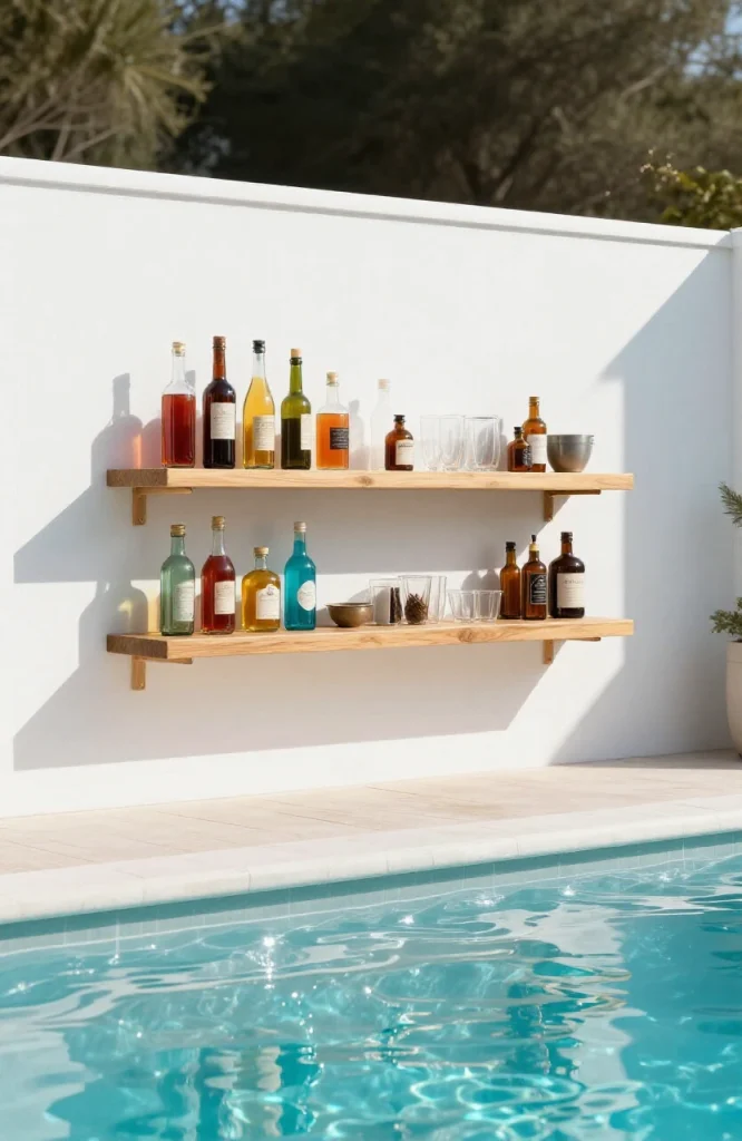 Modern floating shelf pool bar with metal frame and wood shelving mounted above poolside seating area