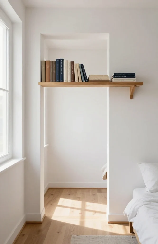 Wooden floating shelves mounted on wall above doorframe maximizing vertical storage in small room