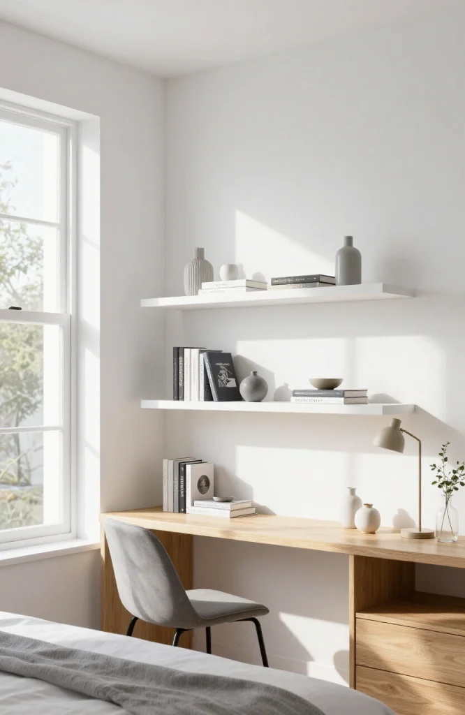 White floating shelves mounted on wall displaying books and decorative items in small room