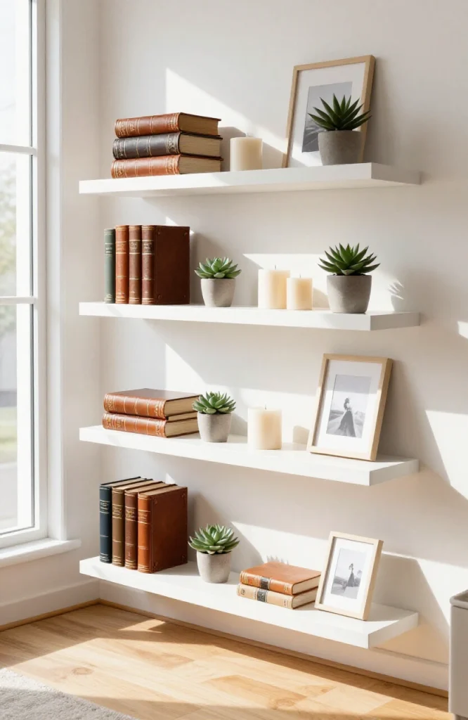 Modern floating shelves displaying books, plants, and decorative items on white wall