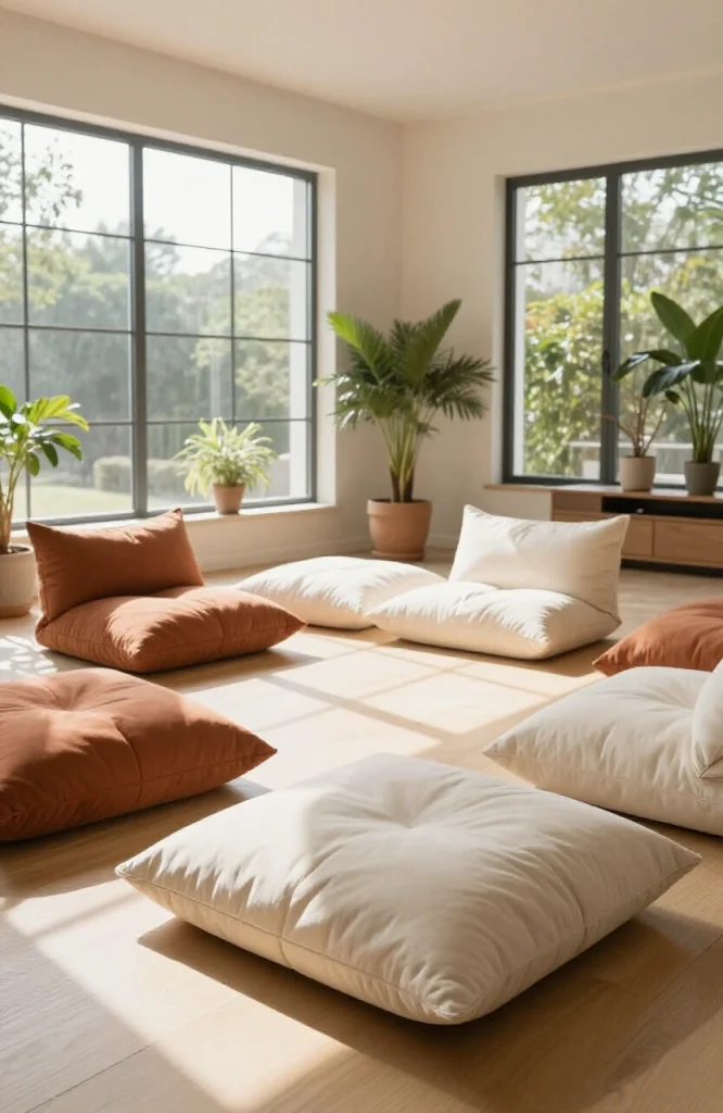Modern living room with colorful floor cushions and low poufs arranged on a rug for casual seating