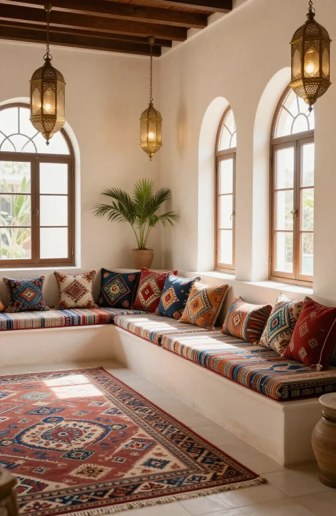 Living room with floor-level Moroccan seating arrangement featuring cushions and low tables on patterned rugs
