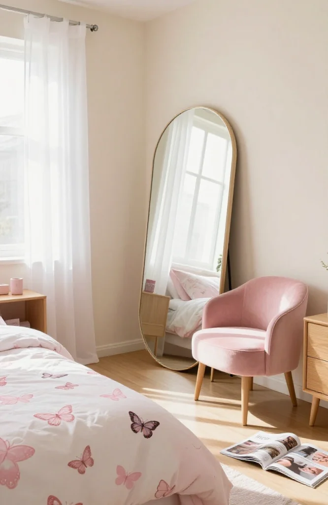Large floor mirror leaning against bedroom wall reflecting y2k style furnishings and pink accent lighting