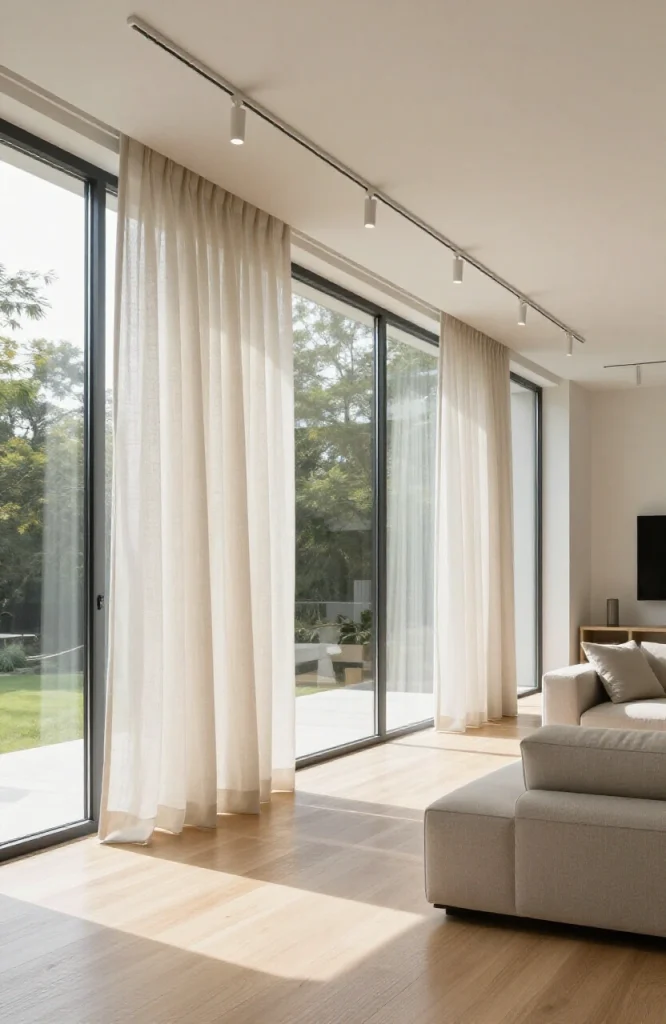 Modern living room with full-length curtains on floor-to-ceiling glass walls, showcasing elegant drapery solutions for large
