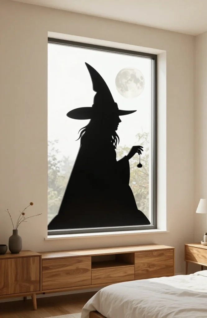 Black silhouette of a witch on a broomstick flying across an upper window against a light background