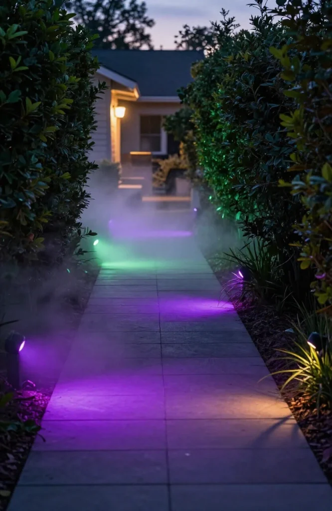 Fog machine positioned low in bushes creating ground-level mist along a Halloween decorated walkway