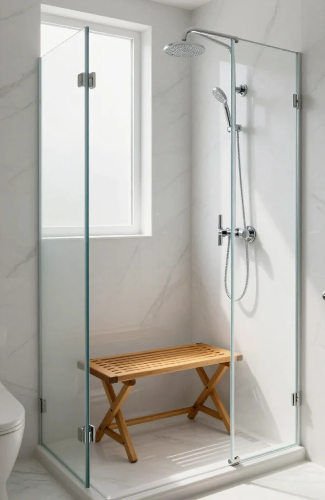 Compact steam shower with integrated fold-down teak wood seat for small bathroom spaces