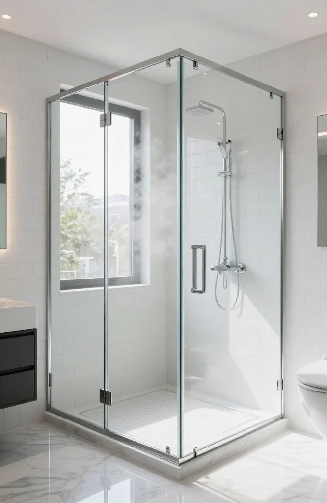 Frameless glass steam shower enclosure with sleek metal fixtures creating open modern bathroom aesthetic