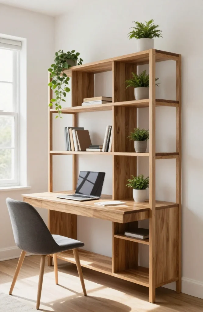 Wooden freestanding shelves holding office supplies, books, and desk accessories in a bright home office space