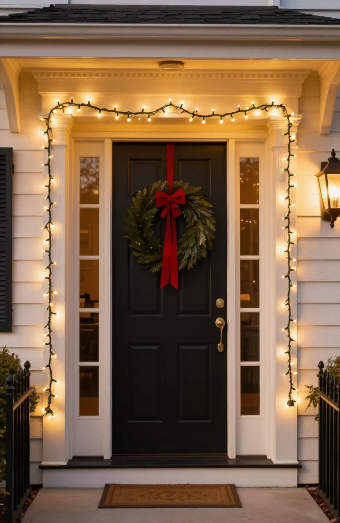 Front door framed with warm white string lights creating festive holiday entrance decoration
