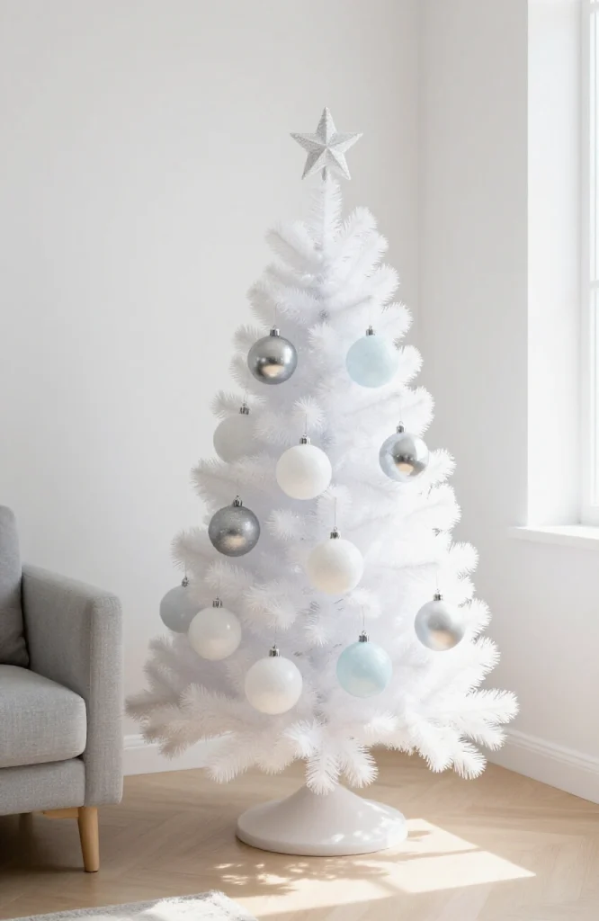 Simple Christmas tree decorated with frosted glass ornaments in white and clear tones on minimal background