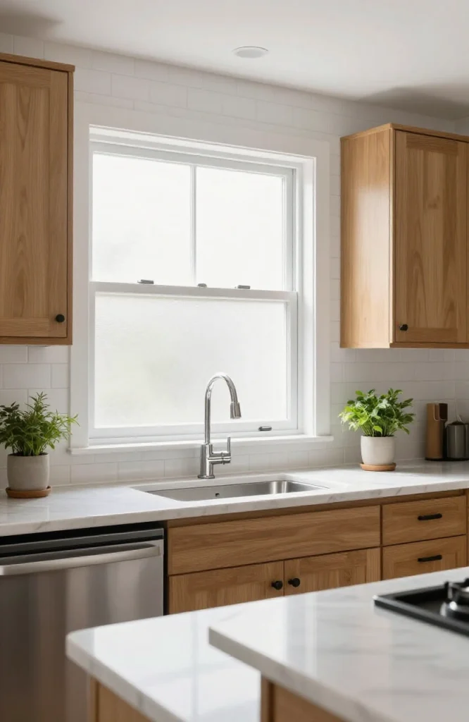 Frosted privacy window film applied to kitchen window creating frosted glass effect for light control and privacy