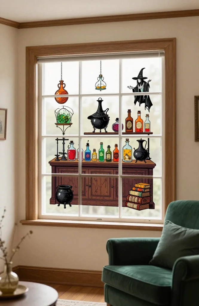 Full-window vinyl scene decal featuring Halloween characters and spooky landscape design applied to home window