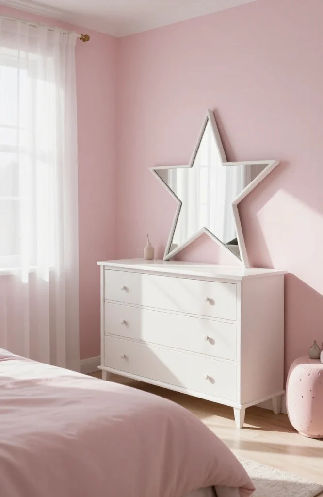 Colorful funky shaped mirror mounted on bedroom wall as Y2K aesthetic decor element