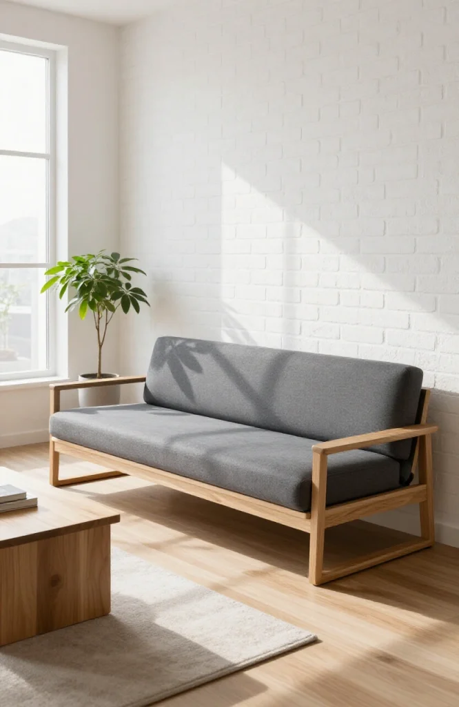 Modern living room featuring a gray futon that serves as both seating and bed, with minimalist decor and neutral tones