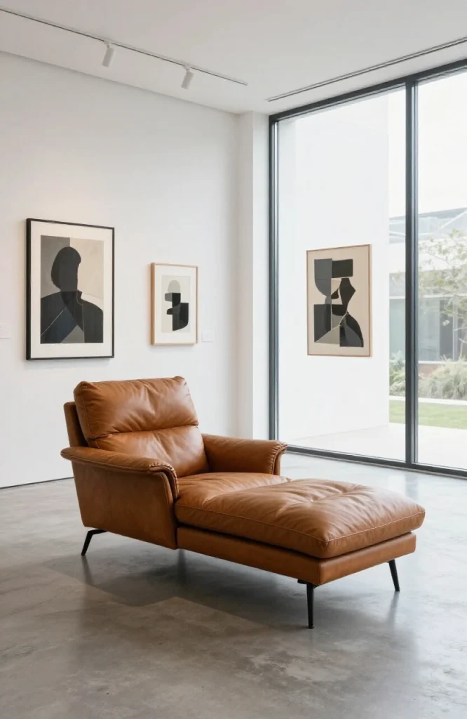 Modern living room with gallery wall art displays, minimal furniture, wooden floors, and natural light from large windows