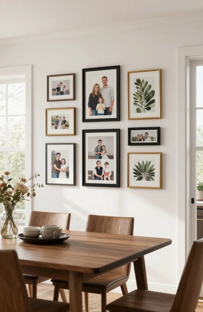 Modern gallery wall with framed artwork anchoring dining area in open floor plan home