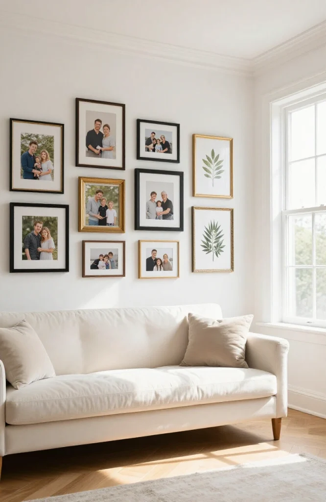 Gallery wall featuring multiple framed artworks and photographs arranged on white wall