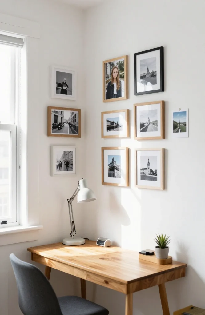 Removable frames arranged in a gallery wall pattern on a white dorm room wall above a desk