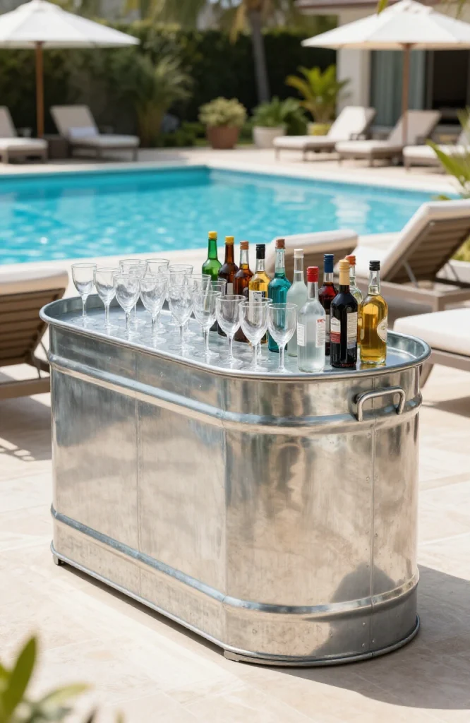 Galvanized steel prep station bar with open shelving and work surface for poolside entertaining and drink preparation