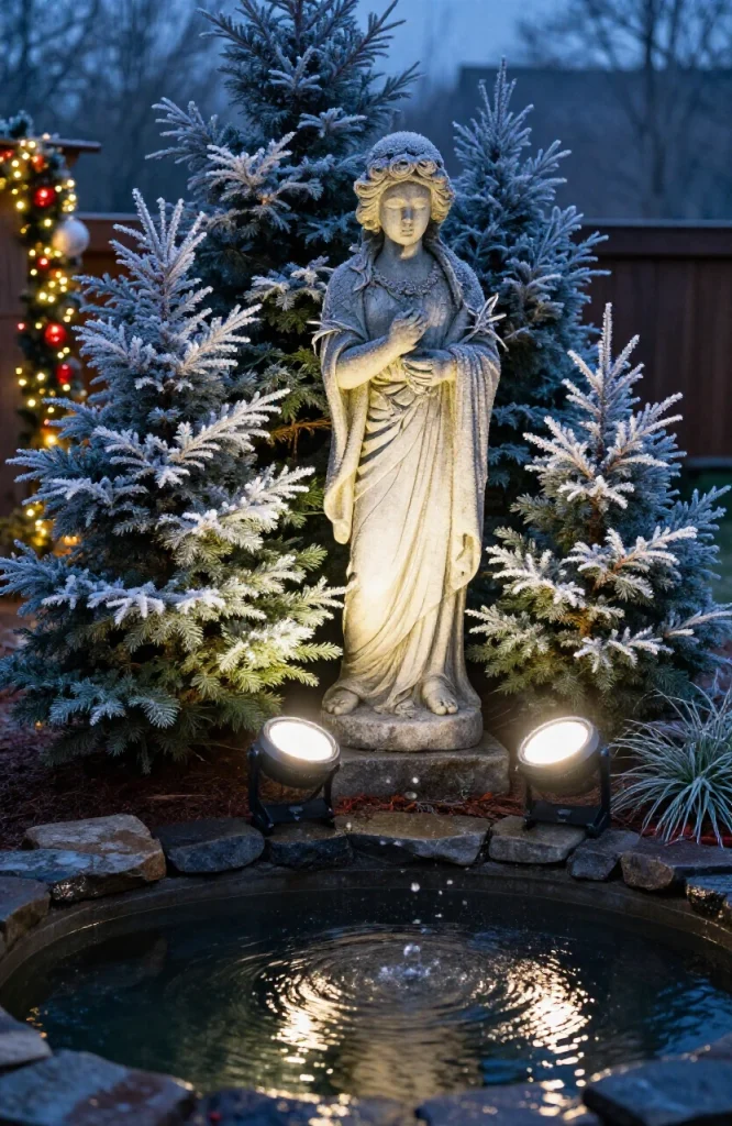 Illuminated garden landscape with dedicated Christmas light display highlighting plants and outdoor features