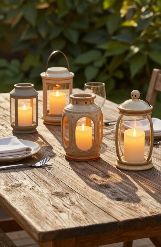 Decorative lanterns placed on garden table providing ambient outdoor lighting for evening entertaining