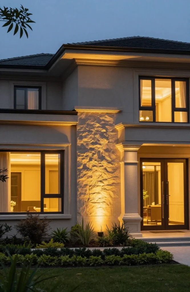 Outdoor garden lighting illuminating stone columns and architectural details of residential home exterior
