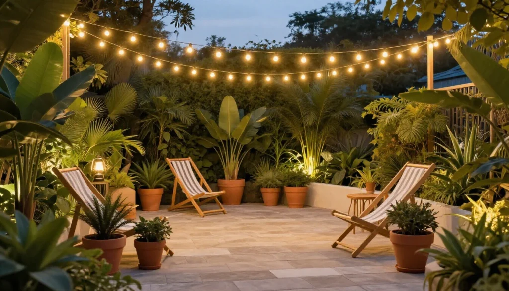 Illuminated garden pathway with string lights overhead and landscape lighting highlighting plants and hardscape features