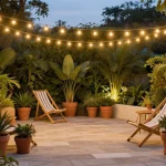 Illuminated garden pathway with string lights overhead and landscape lighting highlighting plants and hardscape features