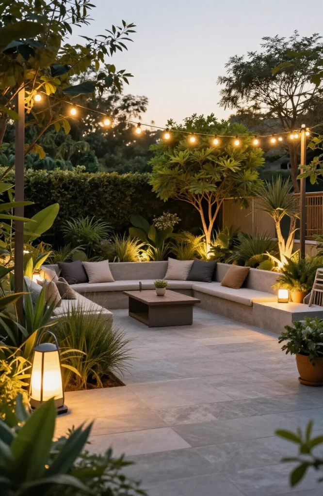 Diagram showing layered garden lighting plan with ambient accent and task lighting zones for outdoor landscape design