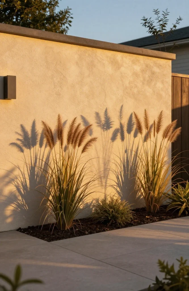 Garden accent lighting casting plant silhouettes against an exterior wall creating dramatic shadow effects