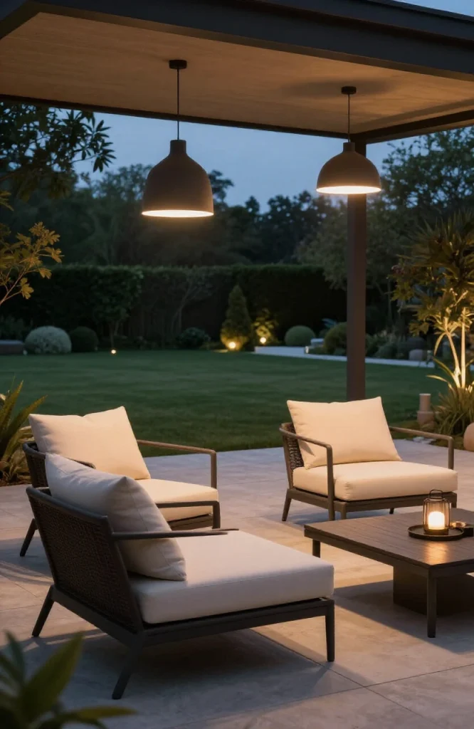 Garden landscape divided into multiple lighting zones with varying brightness levels and warm accent lighting